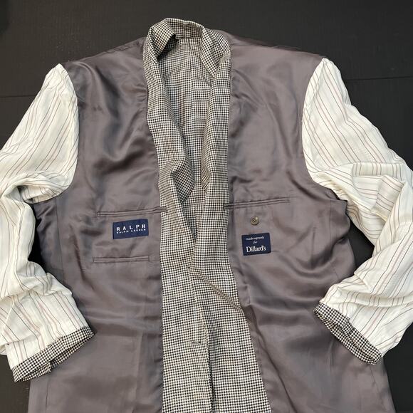 Ralph Ralph Lauren Blazer Sport Coat Mens‎ 44L Black Cream Blue Houndstooth Silk - Picture 10 of 12